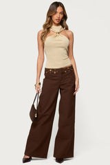 Mixed Grommet Low Rise Wide Leg Jeans