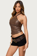 Sandria Ring Faux Leather Halter Top