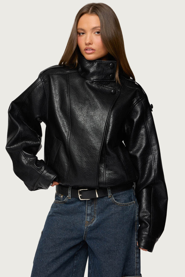 Jaicee High Neck Oversized Faux Leather Jacket view 2