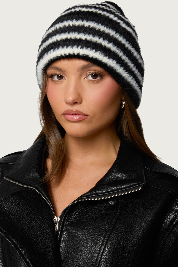 Striped Fuzzy Knit Beanie view 1