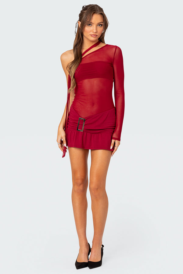 One Shoulder Sheer Mesh Mini Dress view 2
