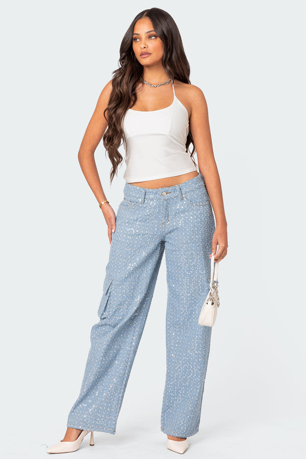 Icing Sequin Low Rise Baggy Cargo Jeans view 1