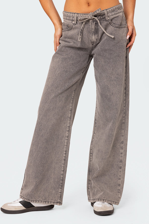 Tie Waist Washed Low Rise Baggy Jeans view 2