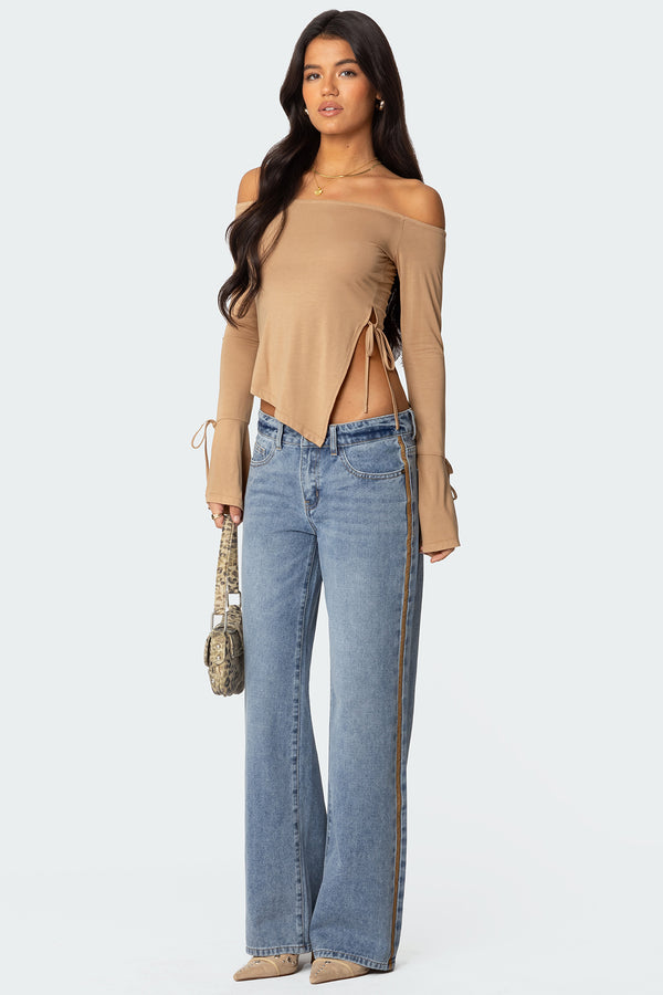 Faux Suede Stripe Low Rise Straight Leg Jeans view 1