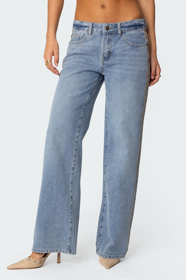 Faux Suede Stripe Low Rise Straight Leg Jeans view 2