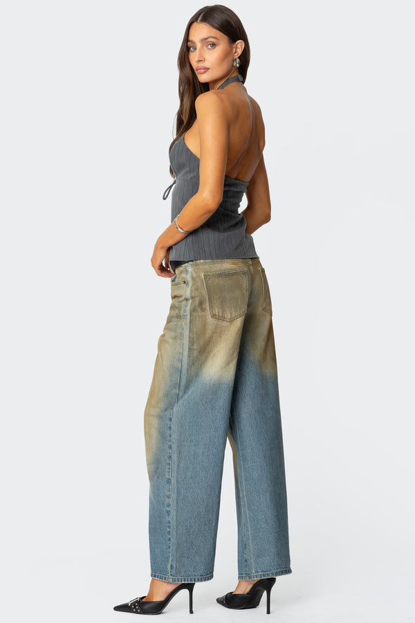 Split Front Pinstripe Halter Top view 2