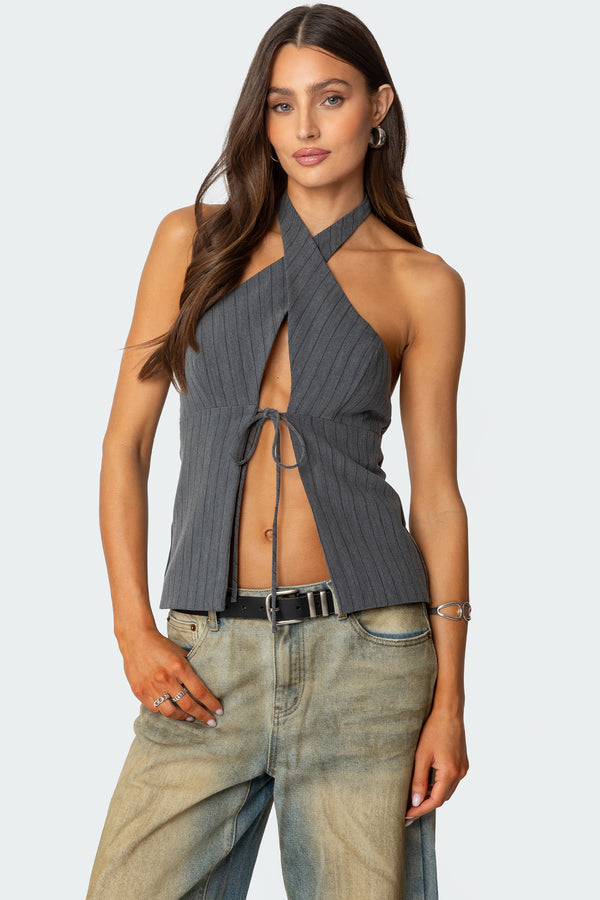 Split Front Pinstripe Halter Top view 1