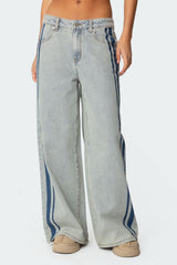 Side Stripe Washed Low Rise Baggy Jeans