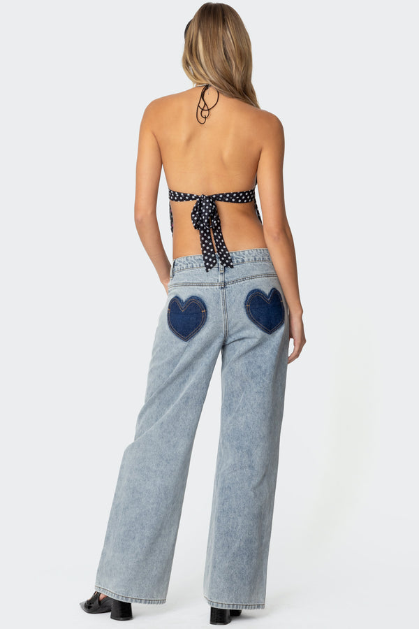 Contrast Heart Washed Low Rise Baggy Jeans view 1
