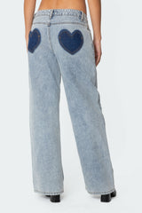 Contrast Heart Washed Low Rise Baggy Jeans