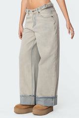 Double Belt Washed Low Rise Baggy Jeans