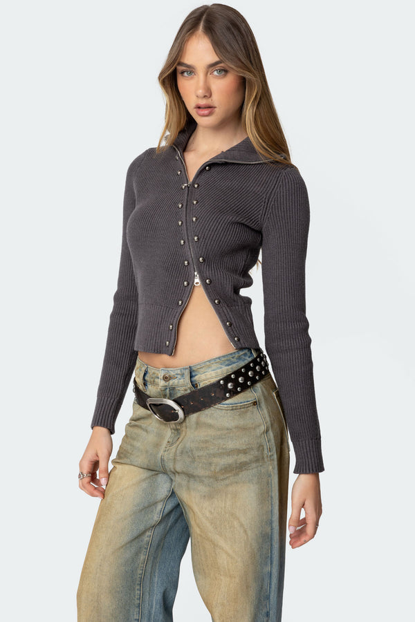 Ribbed Asymmetric Zip Up Cardigan view 1