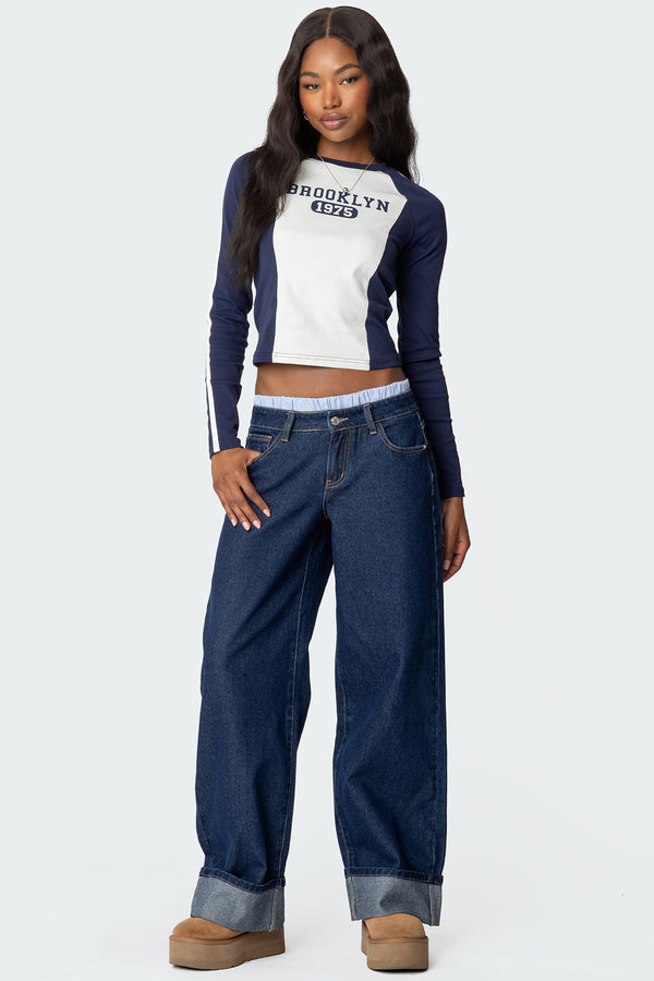 Striped Boxer Detail Low Rise Baggy Jeans view 1