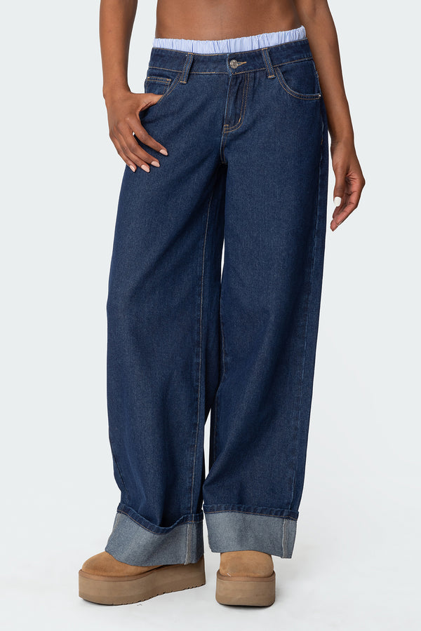 Striped Boxer Detail Low Rise Baggy Jeans view 2