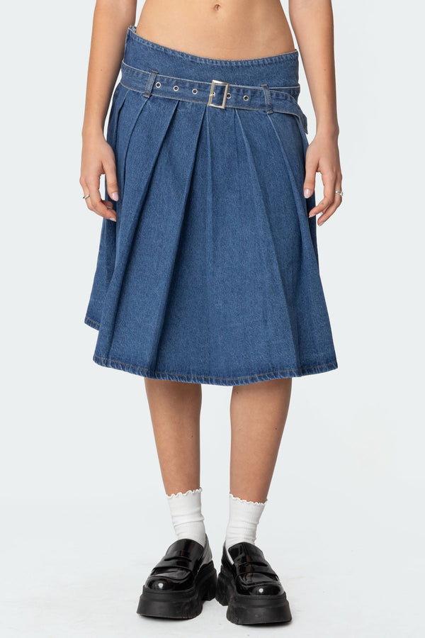 Belted Pleated Denim Midi Skirt view 2