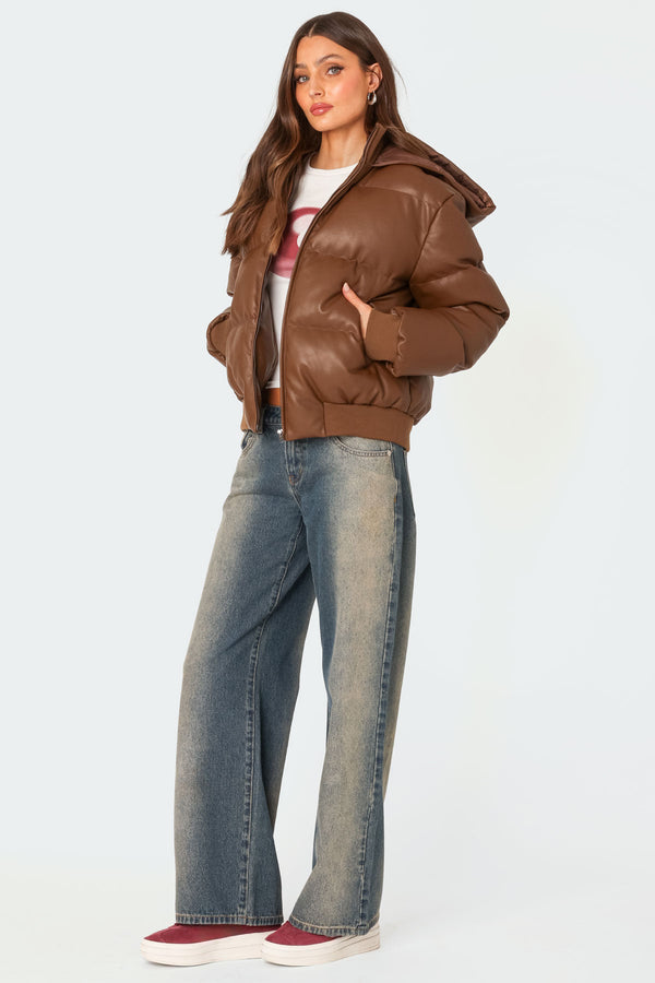 Wintry Faux Leather Hooded Puffer view 2