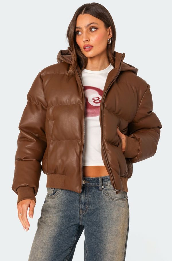 Wintry Faux Leather Hooded Puffer view 1