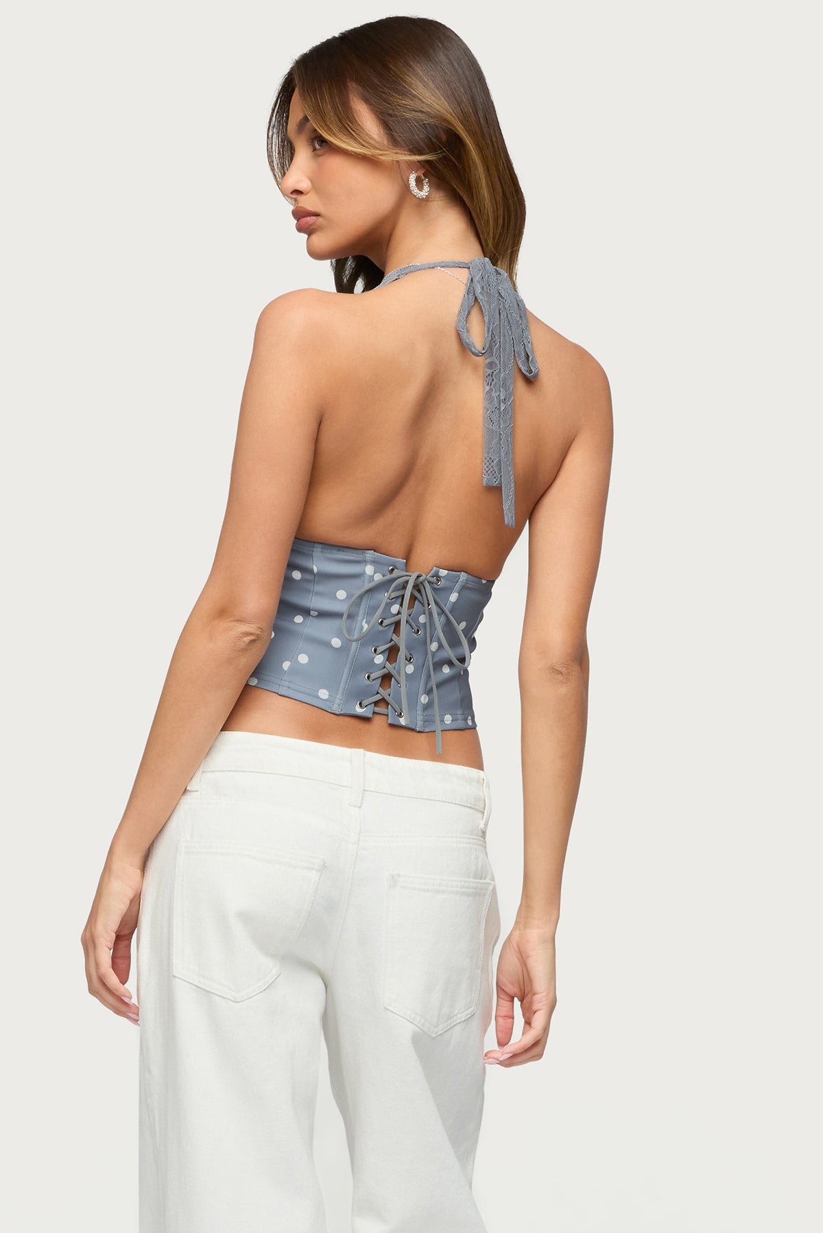 Lacey Polka Dot Lace Up Halter Top