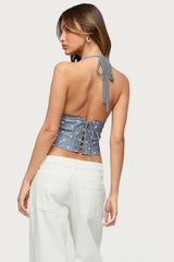 Lacey Polka Dot Lace Up Halter Top