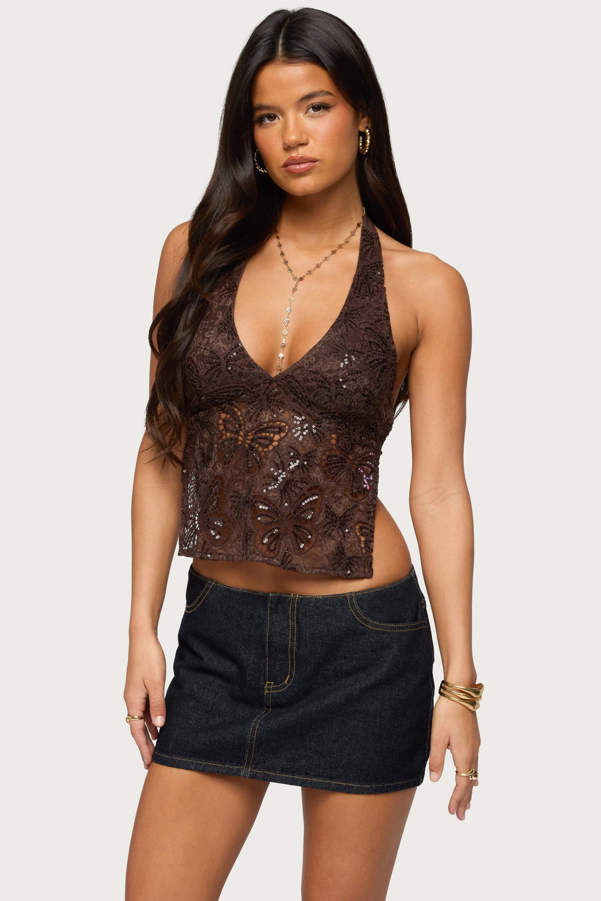 Butterfly Sequin Backless Halter Top