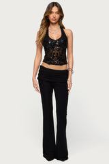 Bead & Sequin Sheer Mesh Halter Top