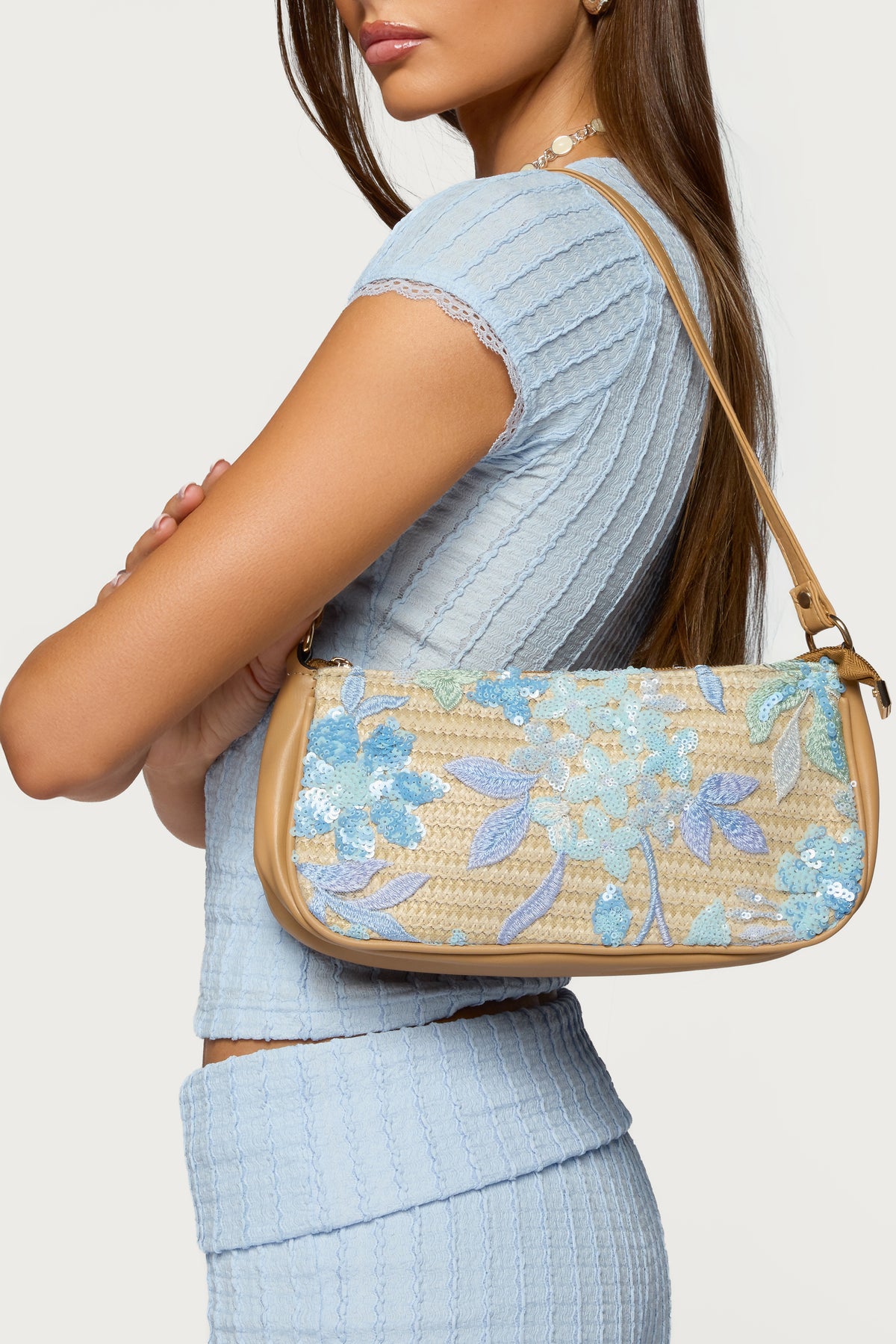 Sequin & Embroidered Straw Bag
