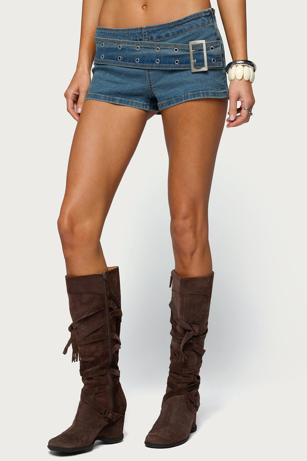 Asymmetric Belt Denim Micro Shorts view 2