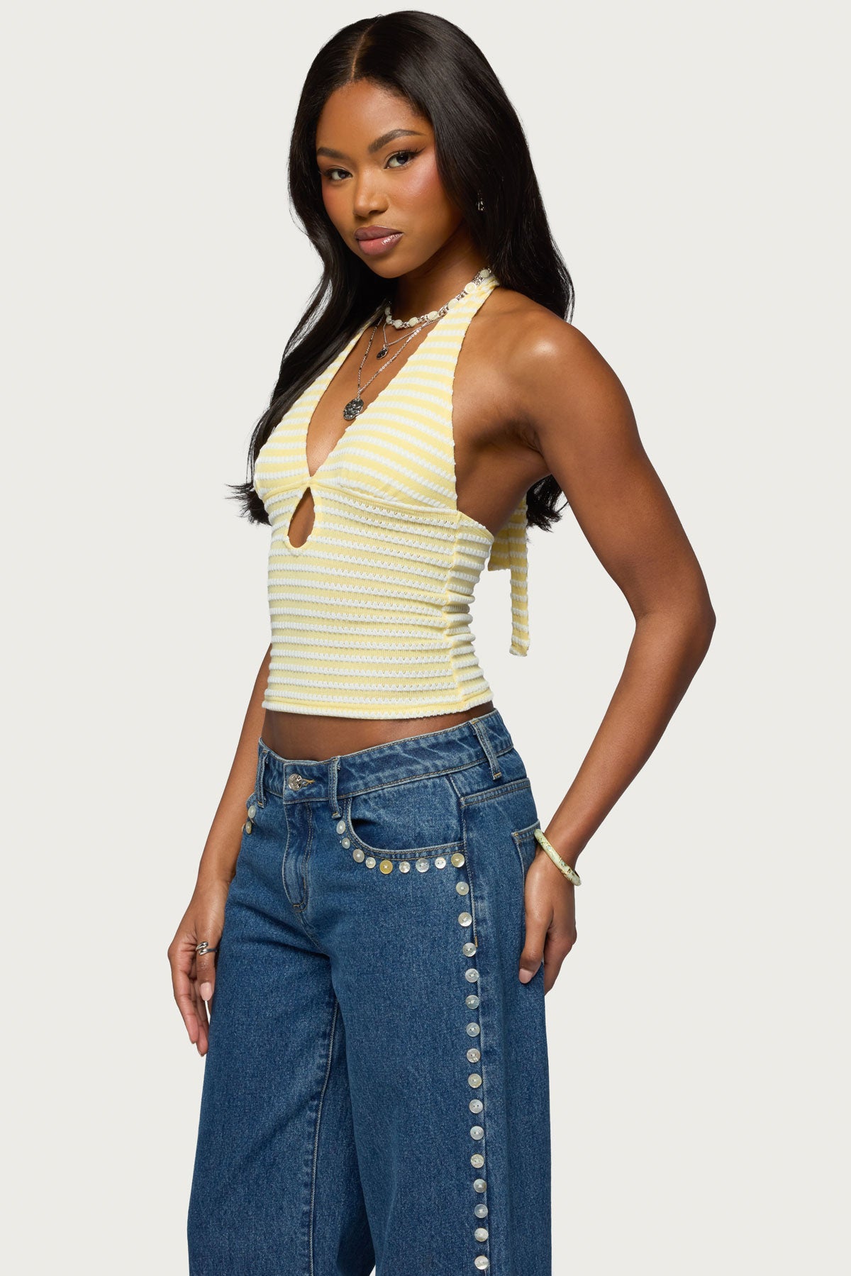 Maylah Keyhole Striped Textured Halter Top