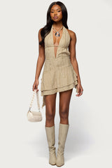 Shredded Backless Halter Mini Dress