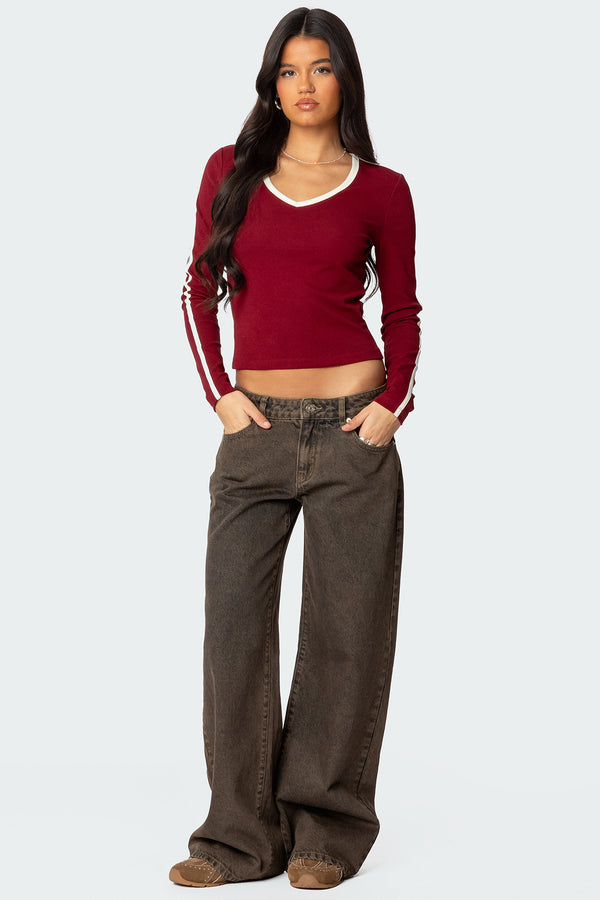 Contrast V Neck Long Sleeve T Shirt view 2