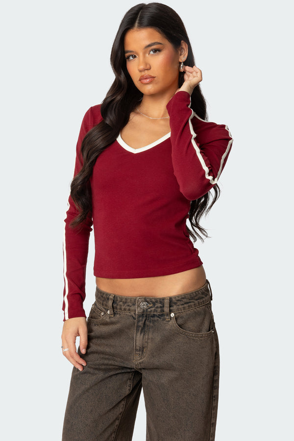 Contrast V Neck Long Sleeve T Shirt view 1