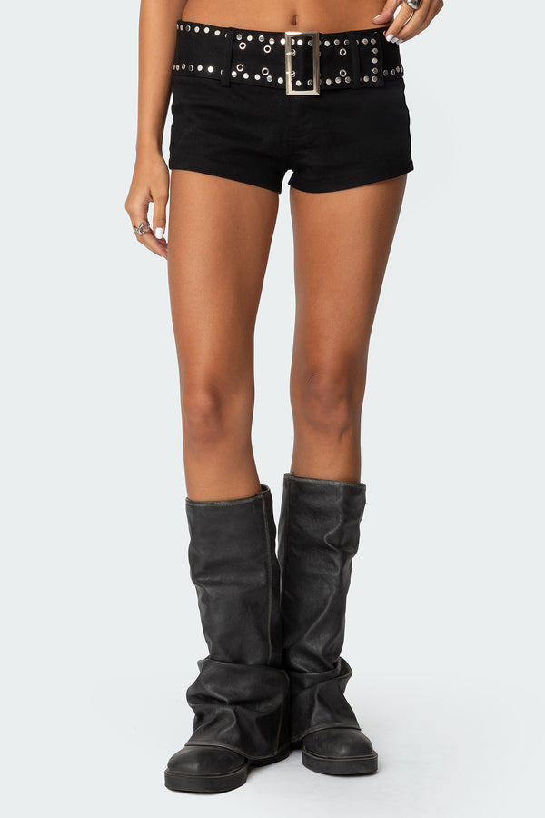 Studded Belt Denim Micro Shorts view 2