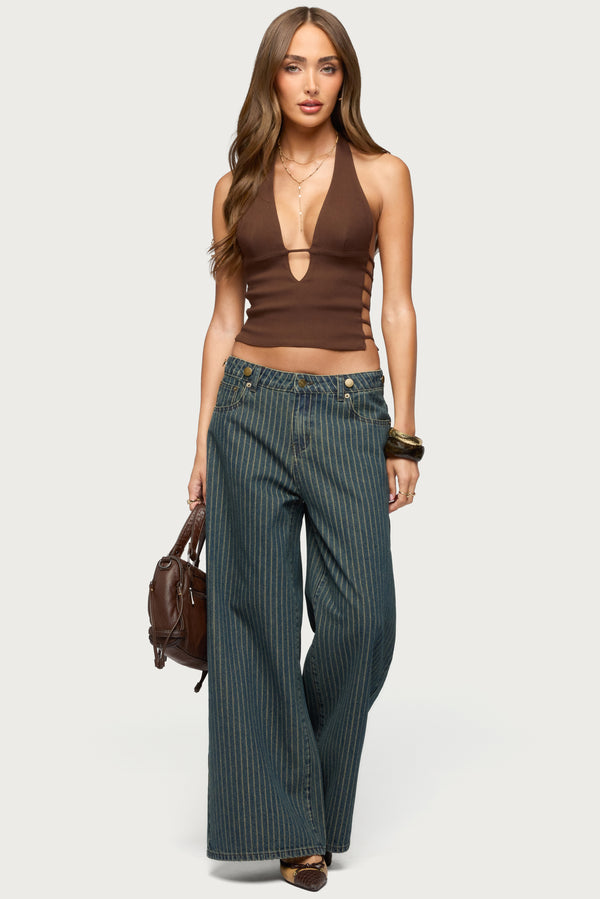 Button Pinstripe Low Rise Baggy Jeans view 1