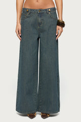 Button Pinstripe Low Rise Baggy Jeans