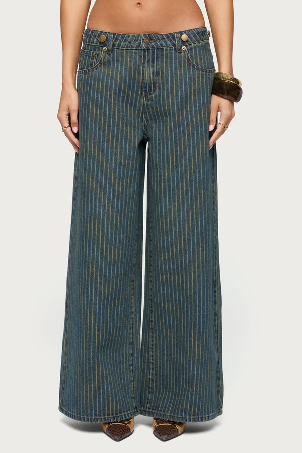 Button Pinstripe Low Rise Baggy Jeans view 2