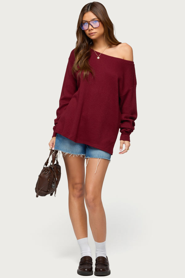 Damari Off Shoulder Oversized Waffle Top view 2