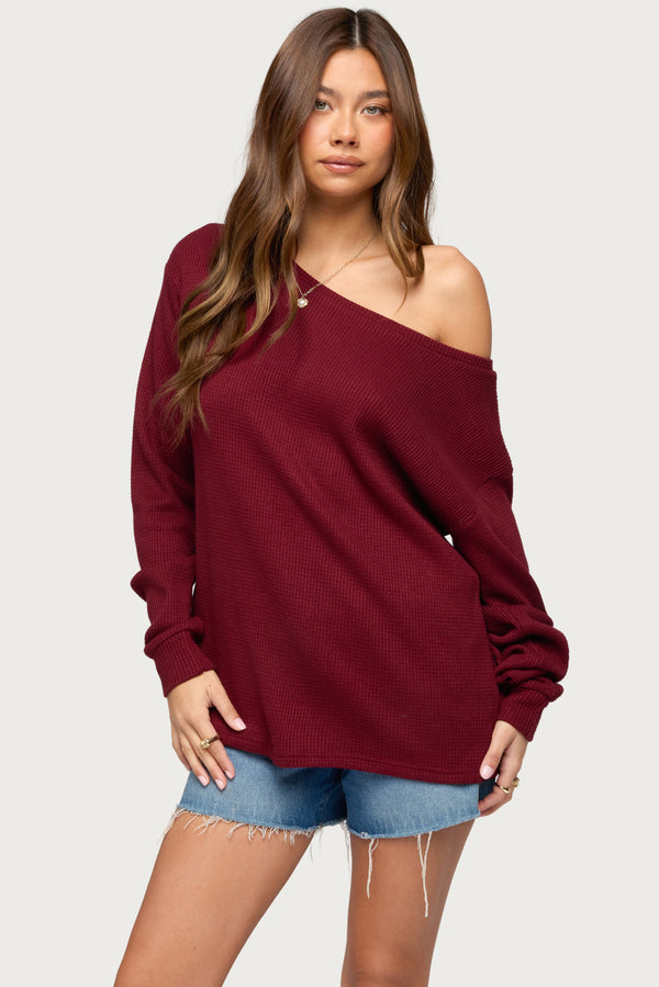 Damari Off Shoulder Oversized Waffle Top view 1