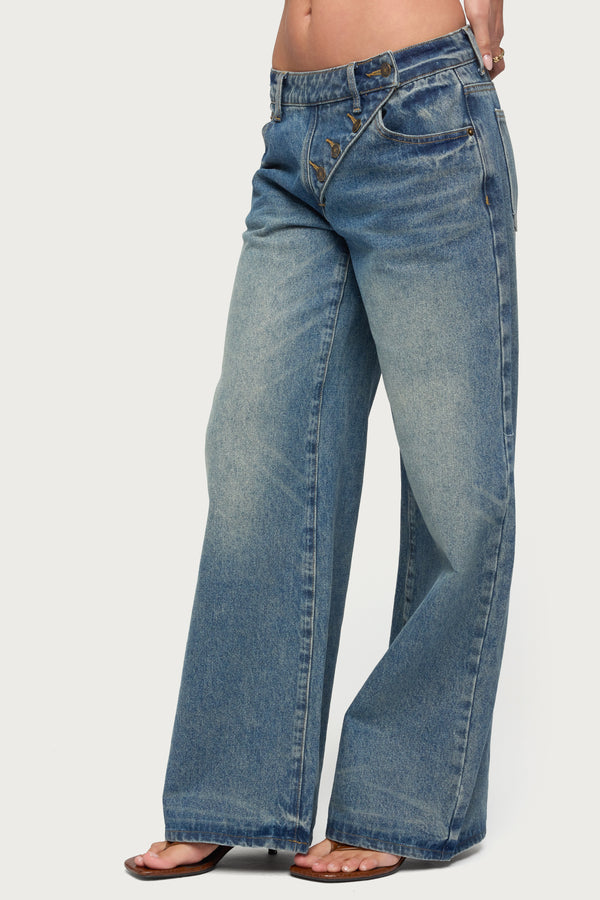 Moxlan Slanted Button Low Rise Baggy Jeans view 2
