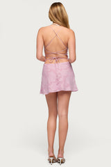 Floral Embroidered Chiffon Backless Mini Dress