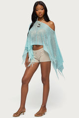 Sequin Fringe Knit Poncho