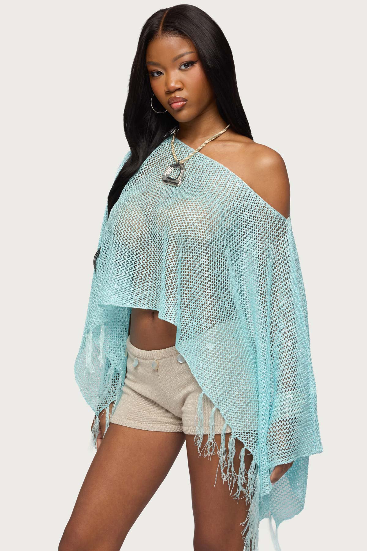 Sequin Fringe Knit Poncho