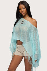 Sequin Fringe Knit Poncho