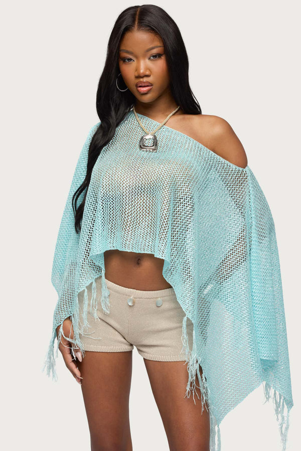 Sequin Fringe Knit Poncho view 1