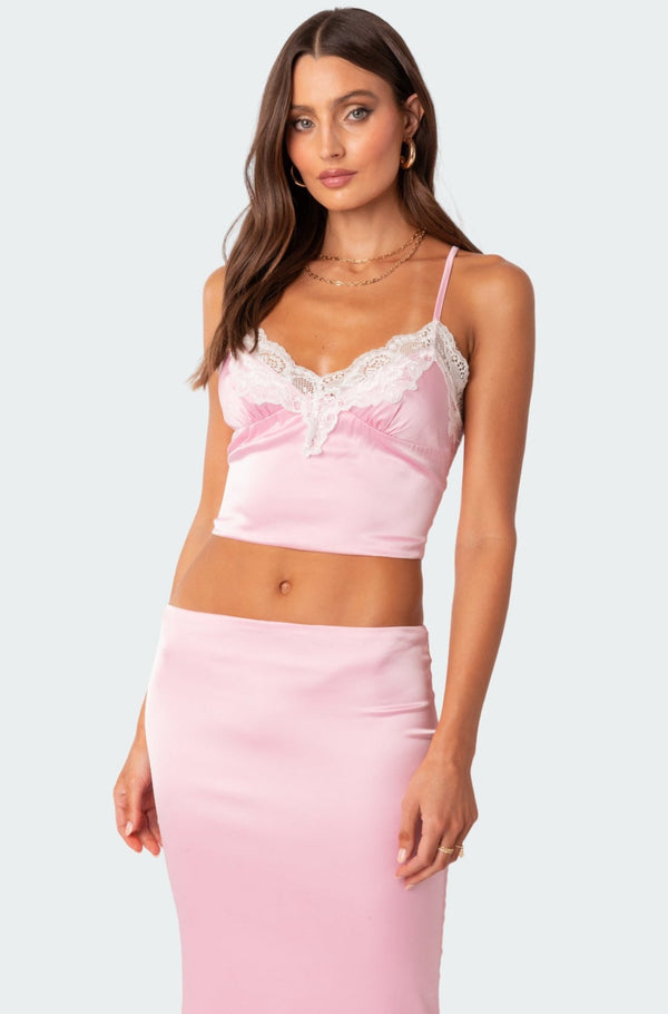 Brandi Lace Trim Satin Effect Tank Top view 1