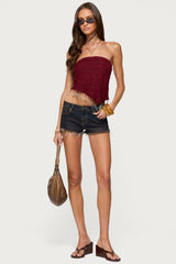 Textured Asymmetric Bead Fringe Strapless Top