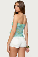 Printed Mesh Strapless Cut Out Top