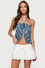 Beaded Floral Split Front Halter Top
