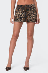 Bow Pocket Leopard Printed Denim Mini Skirt