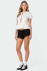 Puffed Sleeve Tie Front Top