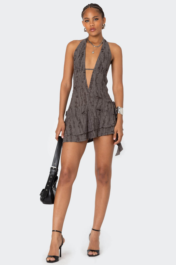 Shredded Backless Halter Mini Dress view 1